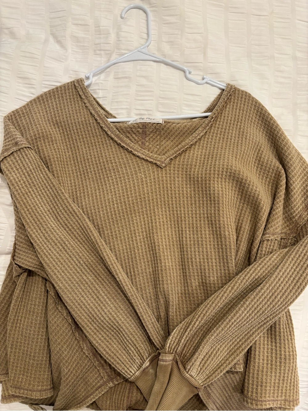 Free People Waffle Knit V-Neck Sweater in Taupe